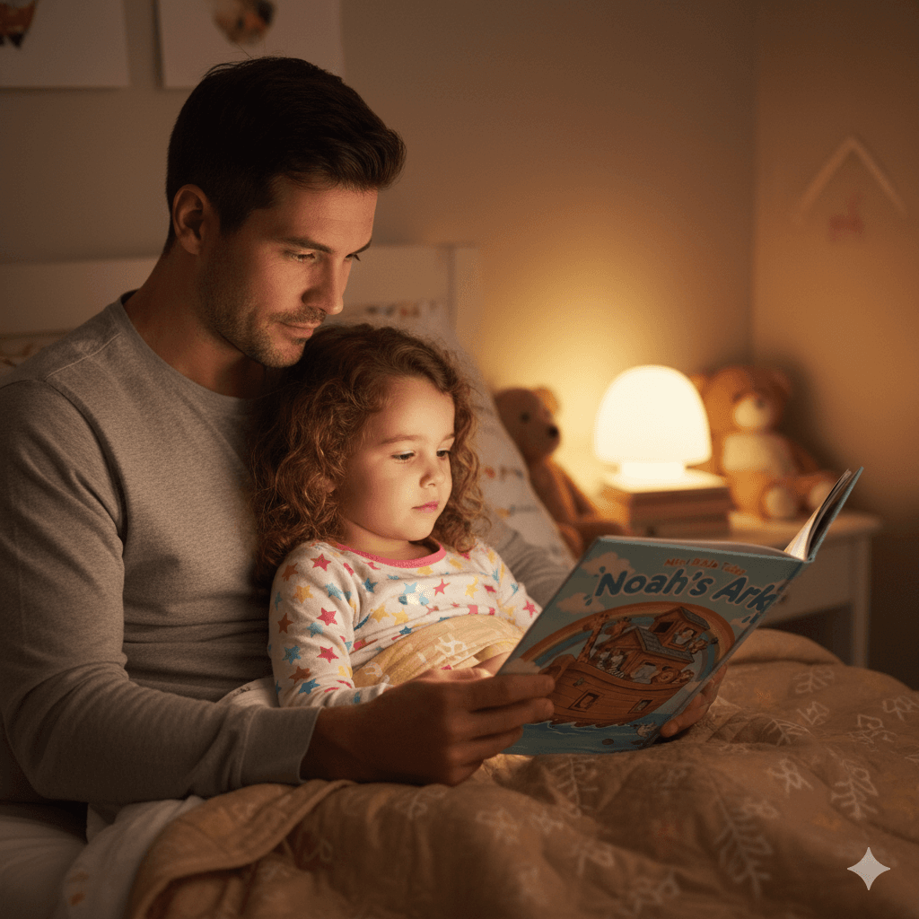 Father and child enjoying Mini Bible Tales together