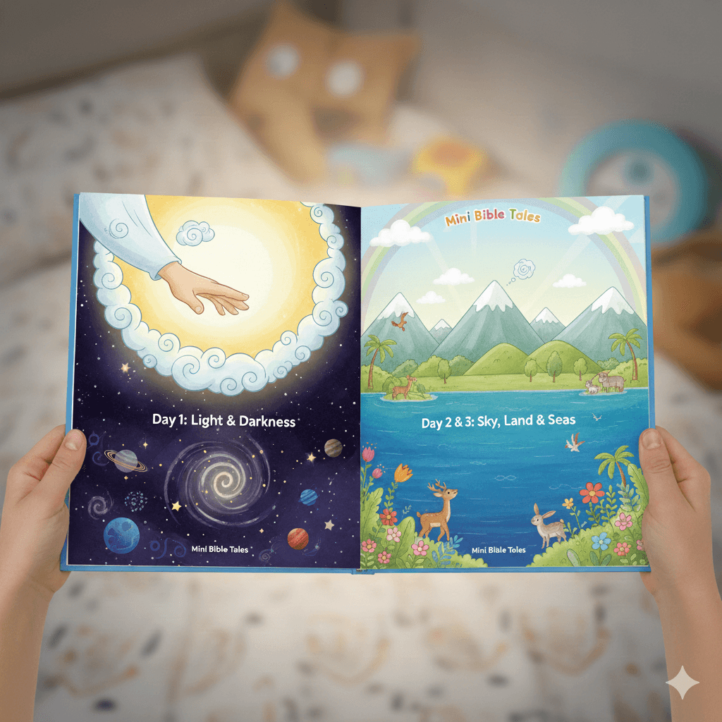 Child reading Bible stories